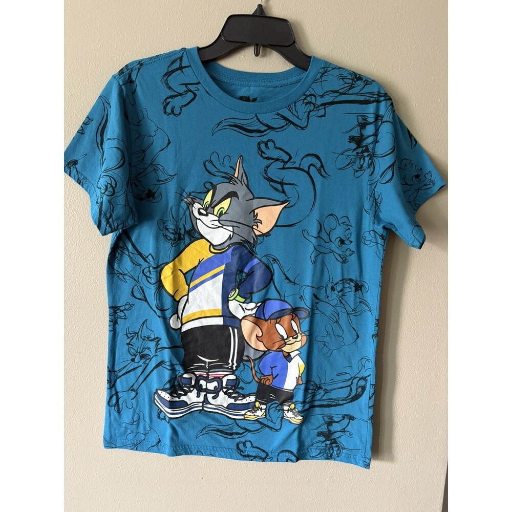 Tom and Jerry Graphic T Shirt Mens Medium Teal/Blue All Over Print Cartoon
